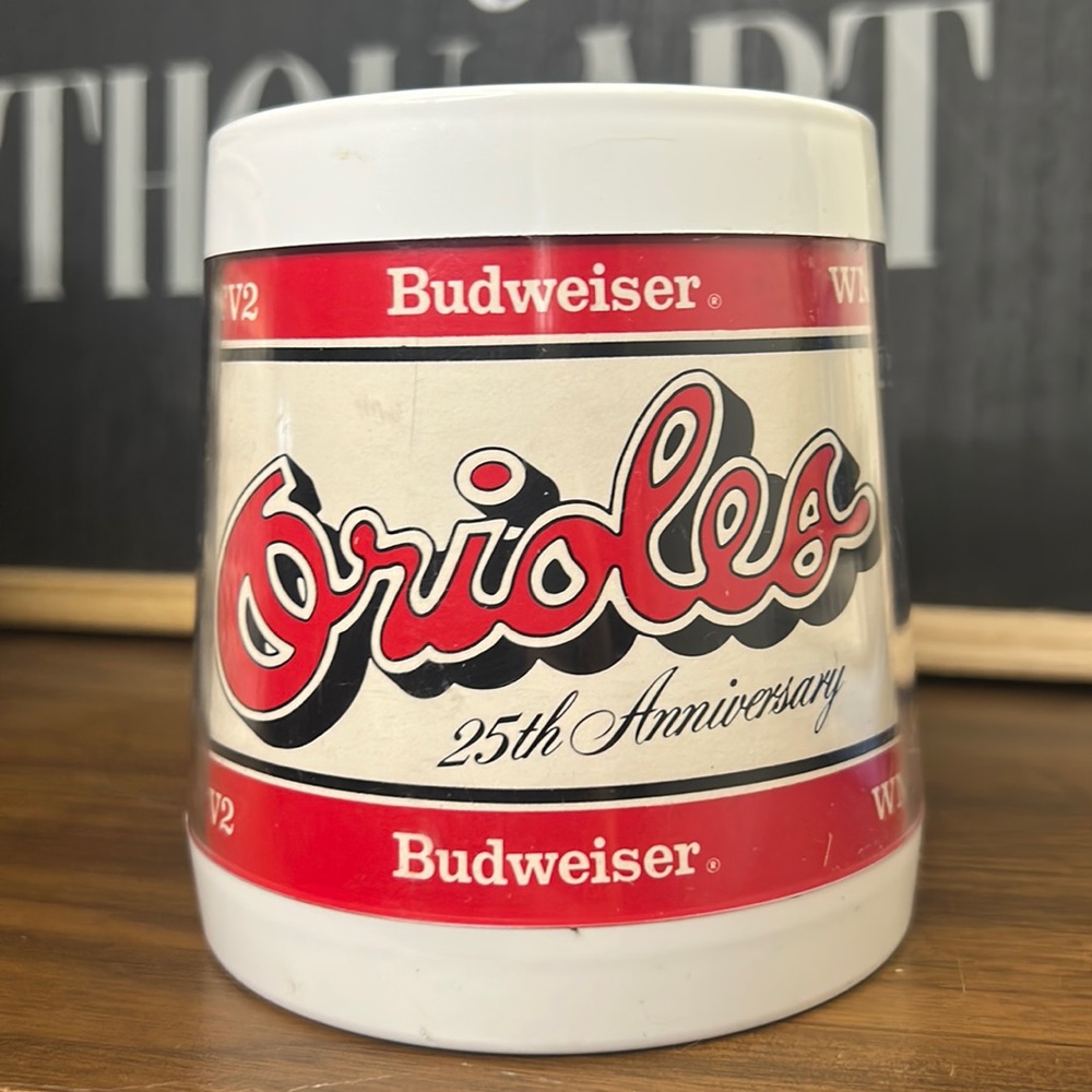 Vintage Thermo-Serv Orioles 25th Anniversary Budweiser WMAR TV2 Plastic Mug